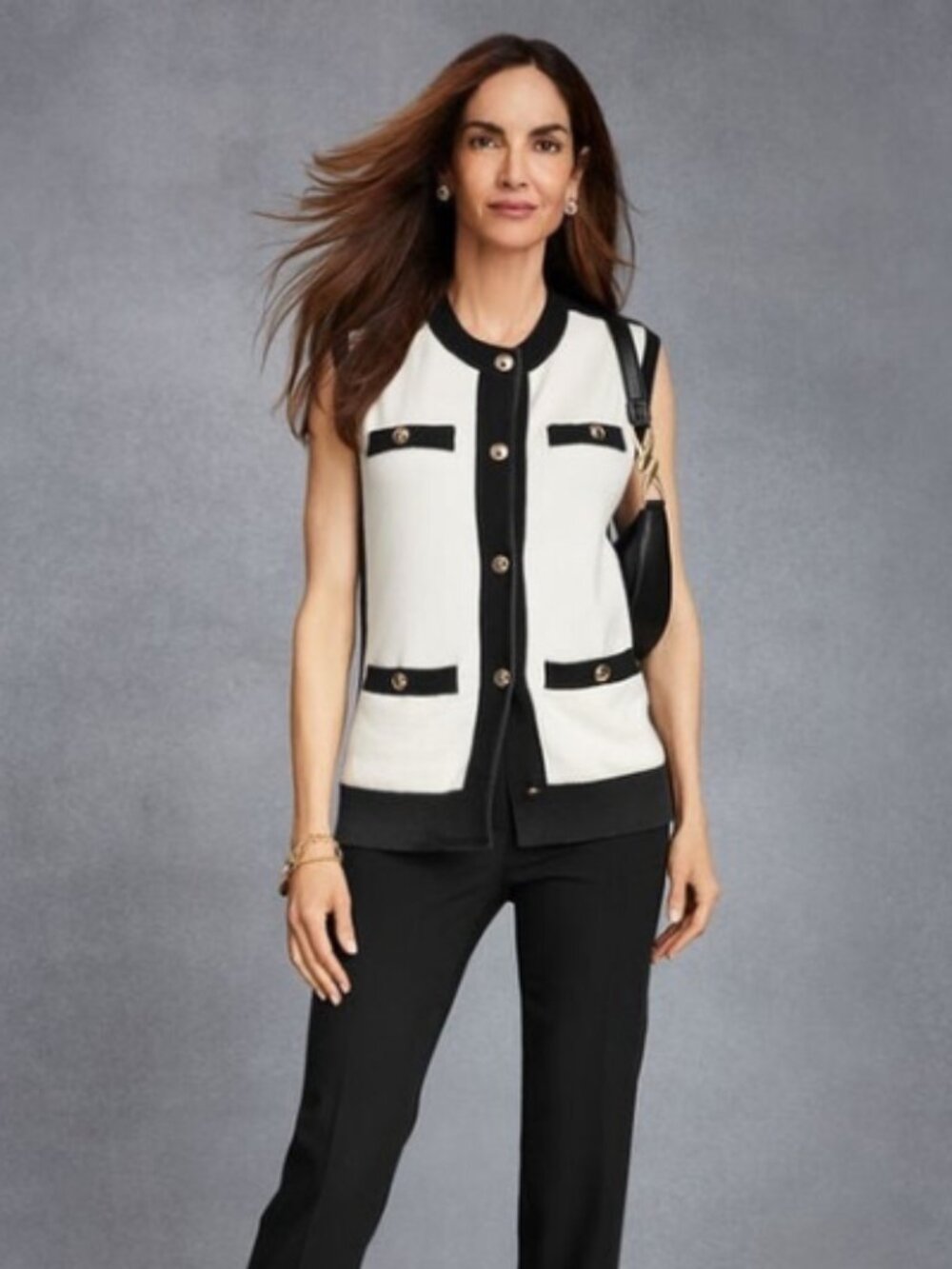 Talbots Black Cream Sweater Vest Button Front Gold Buttons Tabard Knit Size M Cl
